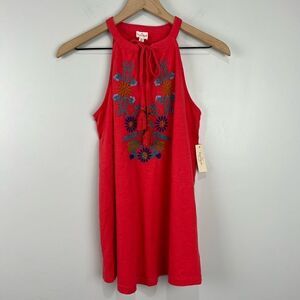 Keep in Touch Red Tank with Embroidery S NWT